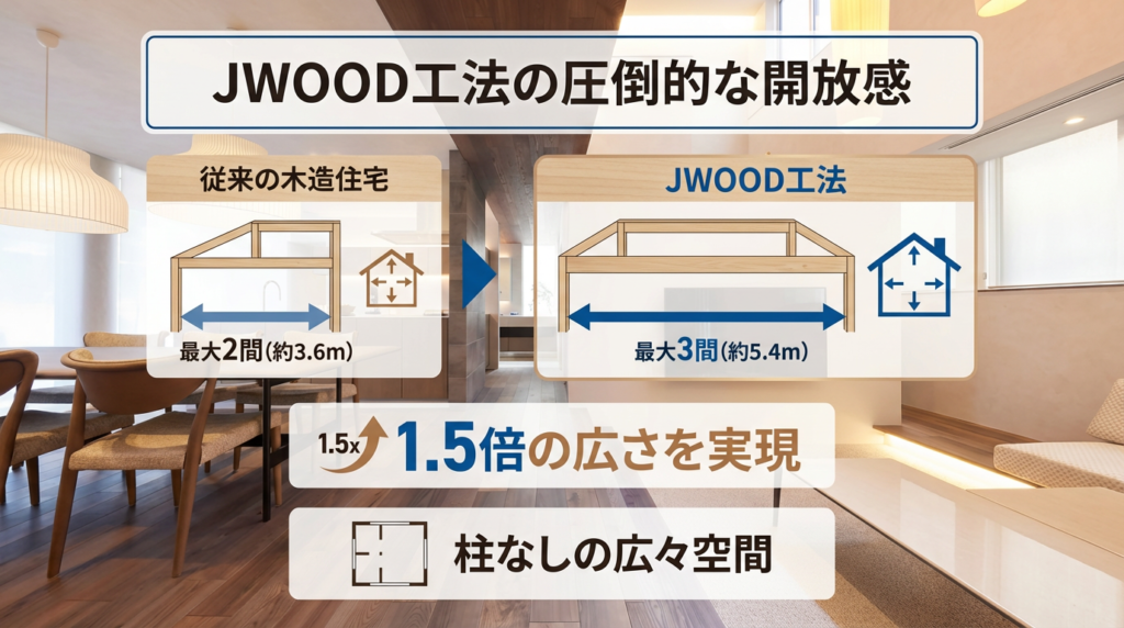 木造で「柱のない30畳リビング」は可能？鉄骨並みの大空間を実現するJWOOD工法のスパン飛ばし